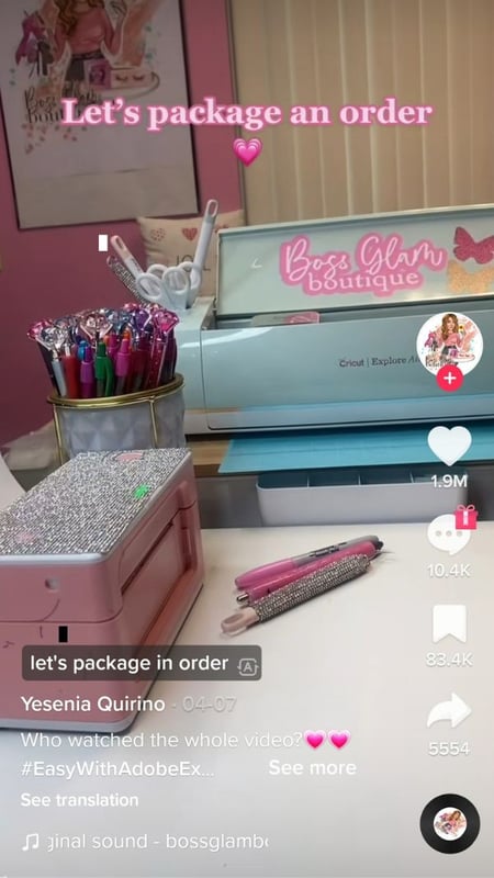 Yesenia Quirino, @bossglamboutique, uses a mix of ASMR sounds and short clips of the product packaging process to attract new customers