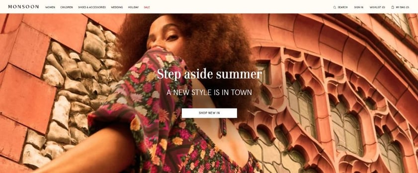 Monsoon header website promotes summer collection with a visible CTA
