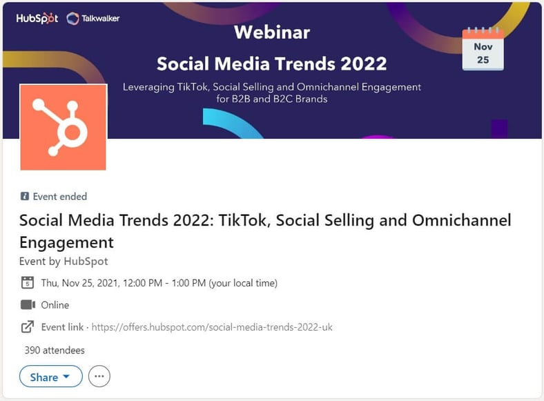 hubspot 2021 linkedin event that helps audience learn more about 2022 social media trends