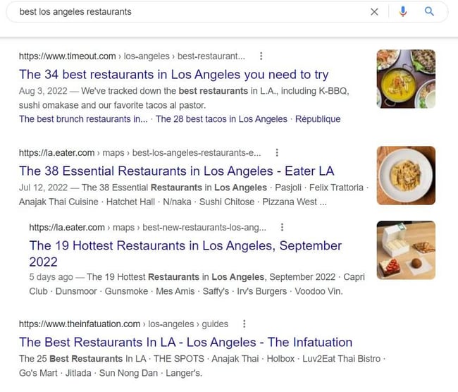 an example of top results for keywords "best los angeles restaurants"