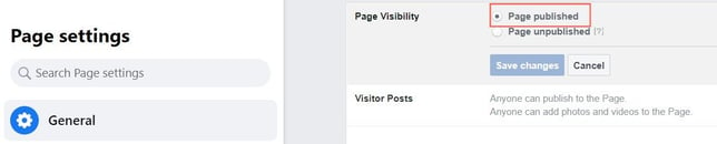 Set up page visibility to public in Facebook settings