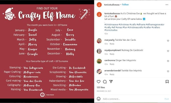 Tonic Studios USA Instagram post - What's your Elf name