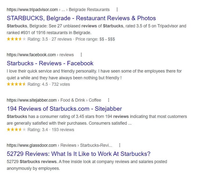 Starbucks review results on Google
