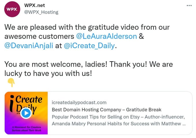 WPX Hosting thank you post