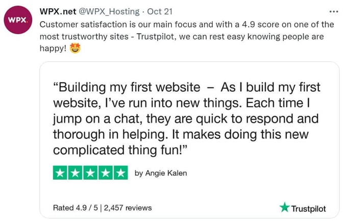 WPX Hosting shares screenshot of their Trustpilot review