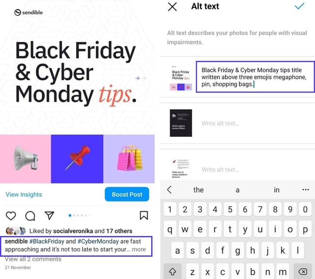 Instagram post caption on the left, and alt-text on the right shows the difference in visibility and content of the two.