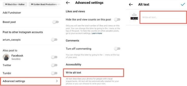A screenshot of how to add alt-text to Instagram Carousel post