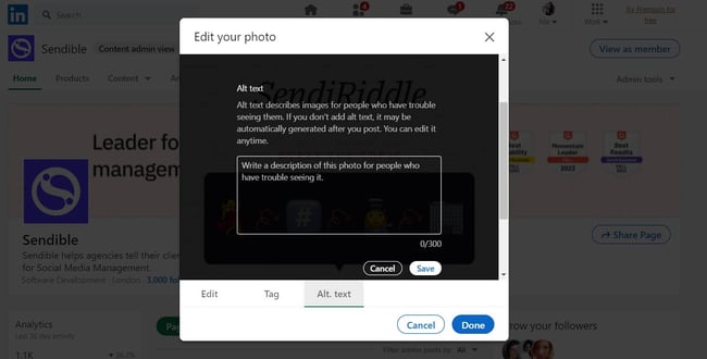 A screenshot of how to add alt-text to LinkedIn images