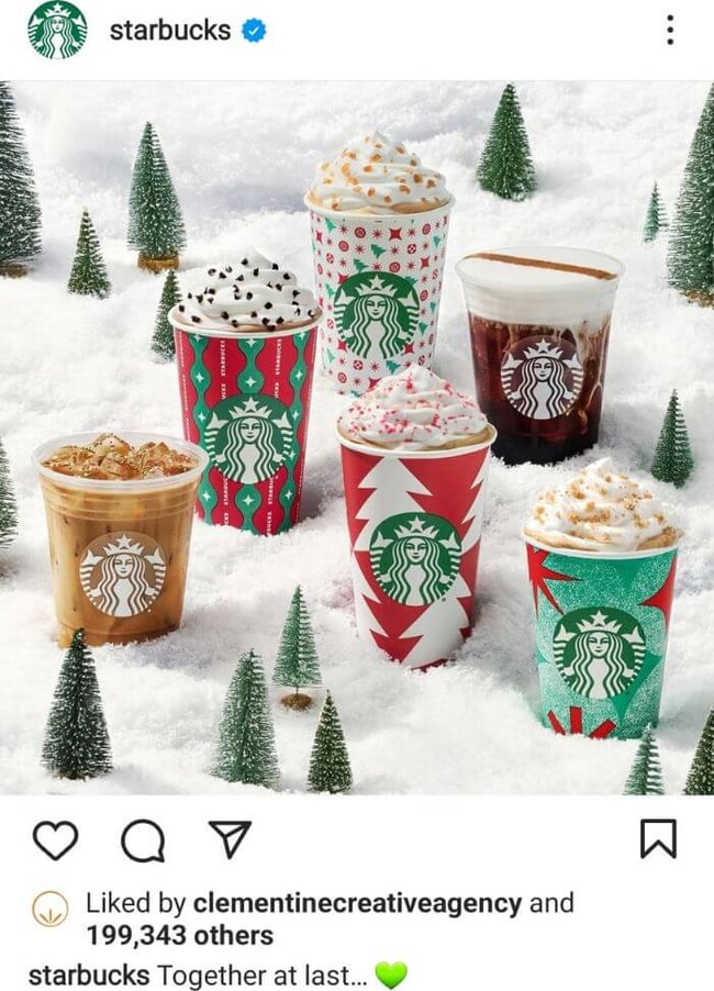 Starbucks Instagram post featuring a photo of six signature holiday season Starbucks beverages surrounded by tiny Christmas trees.