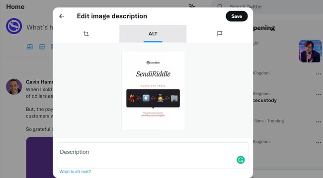 A screenshot of how to add alt-text to Twitter image post