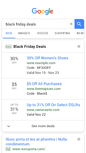 A screenshot of Black Friday deals sponsored on Google