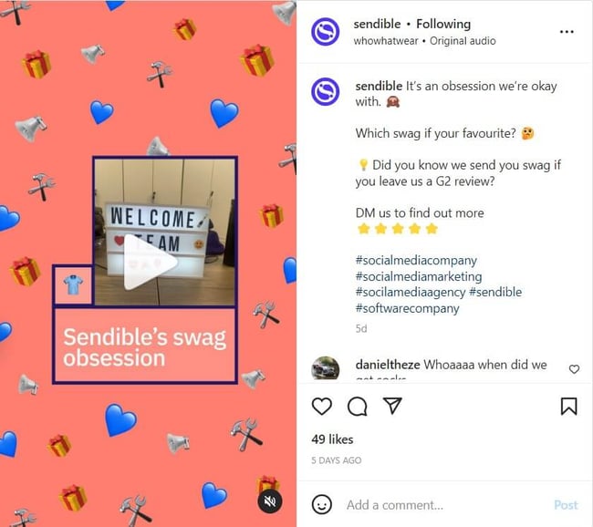 Screenshot of Instagram Reel showing Sendible's swag