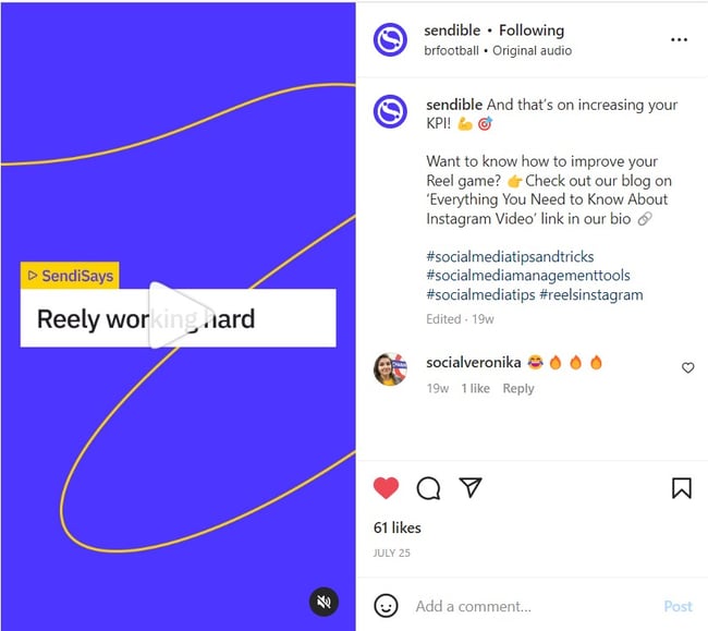 Screenshot of an Instagram Reel on how to reach KPIs and improve video marketing strategy with a clear call to action to read the article on the blog