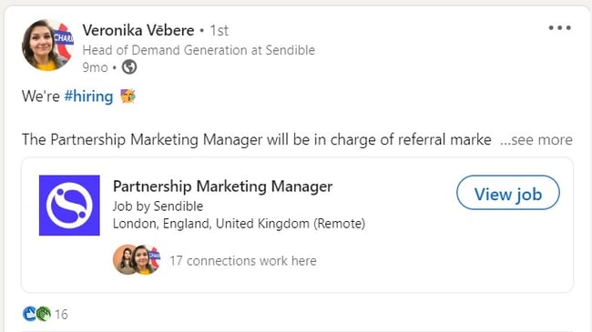 A screenshot of a LinkedIn repost of job opportunity by Sendible's employees.