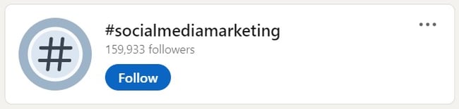 A screenshot of a #socialmediamarketing hashtag that includes a number of followers and the blue follow button.