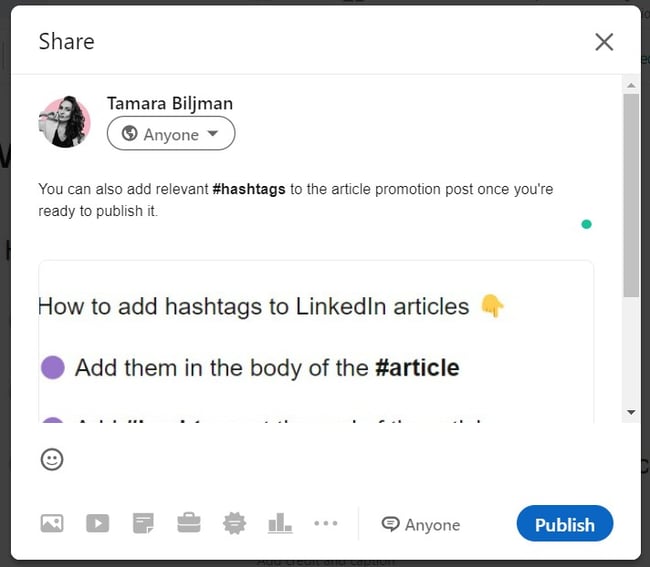 A screenshot of a LinkedIn post that promotes articles and the fact you can add additional hashtags to the post to improve searchability and reach.