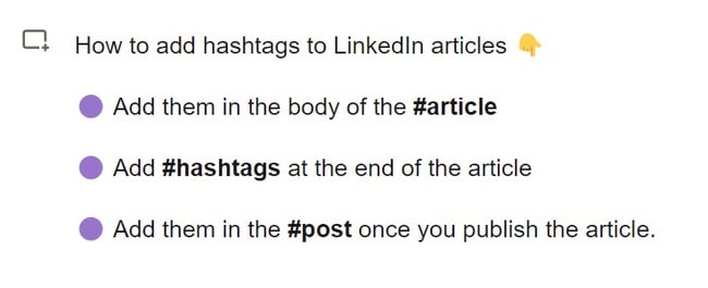 A screenshot of the body of the LinkedIn article explaining different ways to add hashtags
