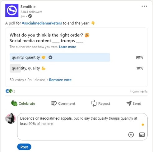 A screenshot of a LinkedIn Company Page post (poll) and a comment that shows you can add hashtags when commenting on your client's brand's post to improve their reach.