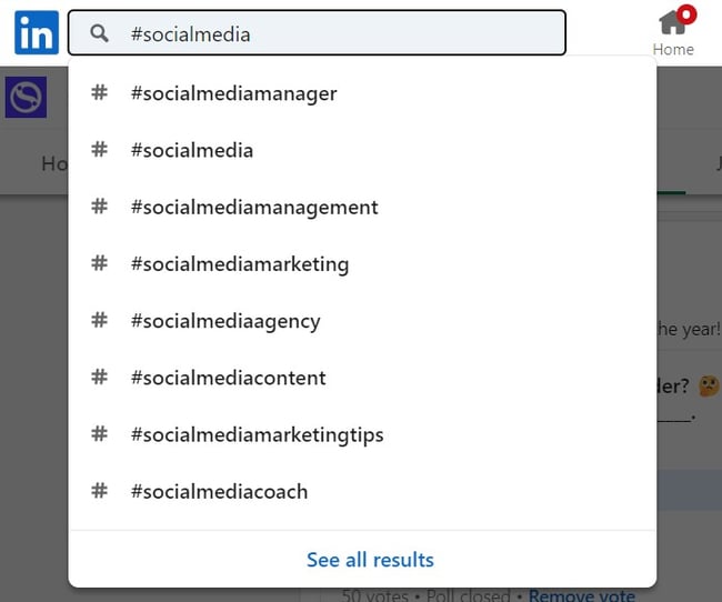 A screenshot of a drop down menu under the LinkedIn's search bar showing hashtag suggestions.