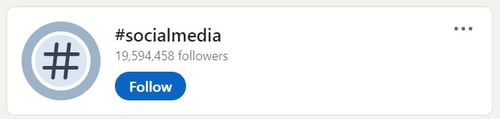 A screenshot of #socialmedia, the number of users following the hashtag (a total of 19,594,458 users) and the follow button.