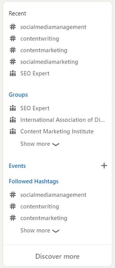A screenshot of the left side menu in the LinkedIn's homepage that shows groups and hashtags the user is following.