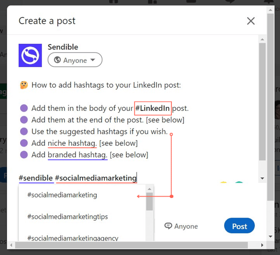 A graphic showing LinkedIn's create a post box with inserted copy explaining different ways to add LinkedIn hashtags to the post.