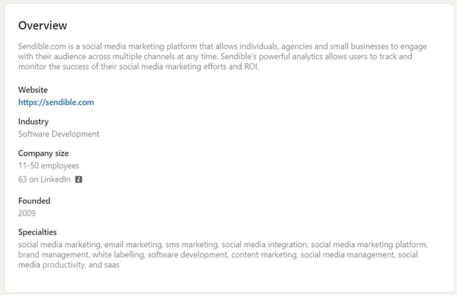 A screenshot of Sendible's LinkedIn Page overview with a focus on up to 20 specialties that act as searchable keywords.