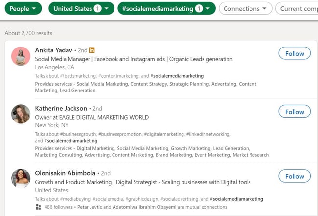 People search on LinkedIn with the filter #socialmediamarketing