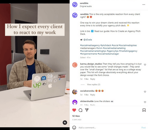 A screenshot of Sendible's Instagram Reel on the only acceptable reaction from every agency client