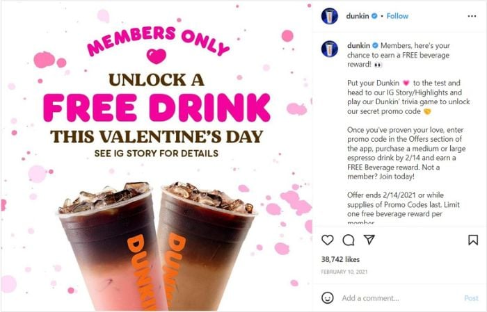 A screenshot of Dunkin Donuts Instagram posts that invites members to unlock a free drink this Valentine's Day by interacting with their Instagram Stories