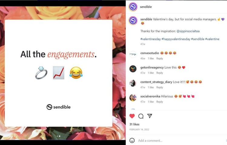 A screenshot of Sendible's Instagram Carousel post that shares a fun pun: What do social media managers love most about Valentine's Day? All the engagements.