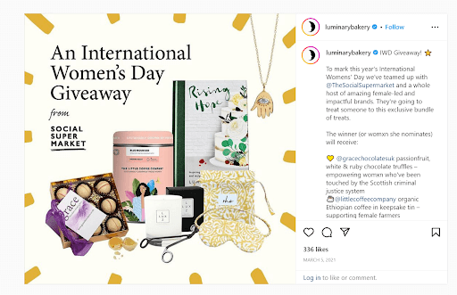 A screenshot of Luminary Bakery's instagram International Women's Day giveaway post