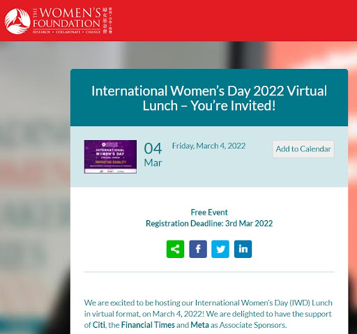 A screenshot of the International Women's Day 2022 virtual launch by The Women's Foundation landing page