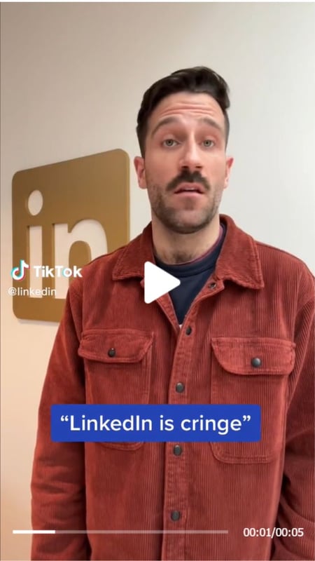A screenshot of LinkedIn's TikTok video for a trending sound that addresses the issue that LinkedIn is cringe.