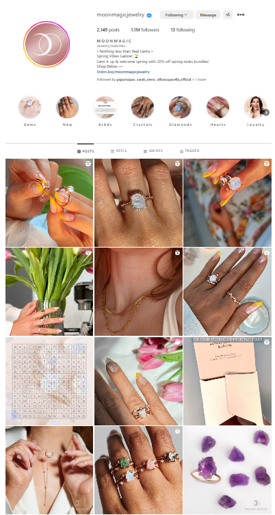 A screenshot of Moonmagic jewelry Instagram profile that shows a balanced and well established feed.