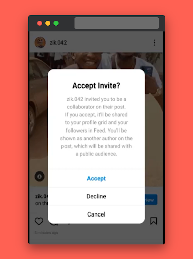 A screenshot example of an Instagram Collaboration Request 