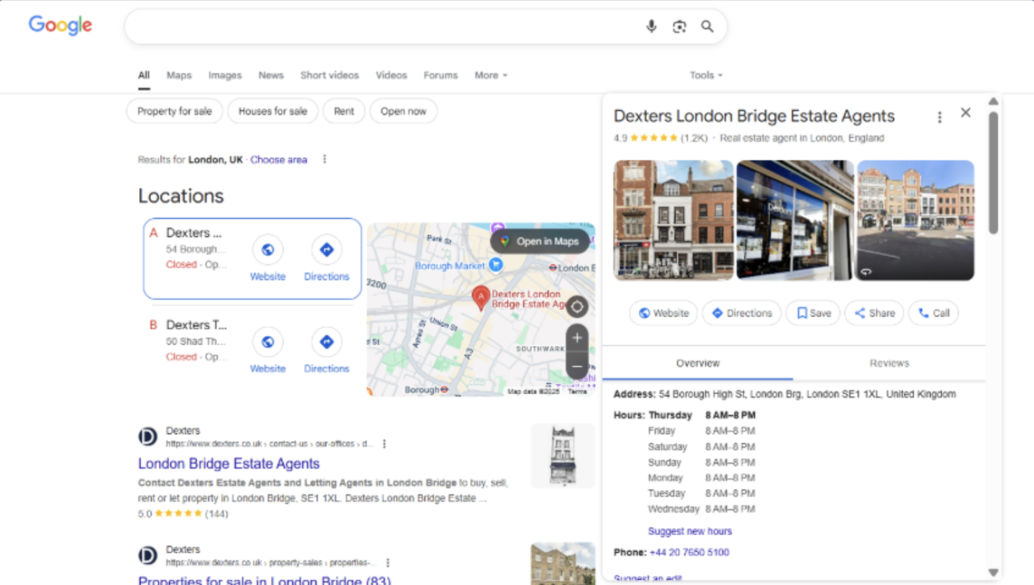 screenshot of dexters google my business page