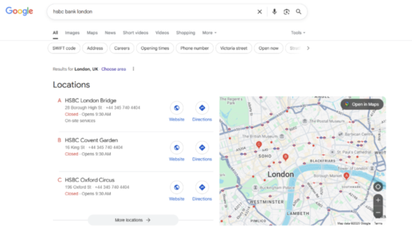 Example of Google Business Profile results for HSBC London, displaying multiple branch listings with local details.