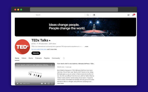 The TEDx Talks YouTube channel has 41.7 million subscribers and holds 223,000 videos