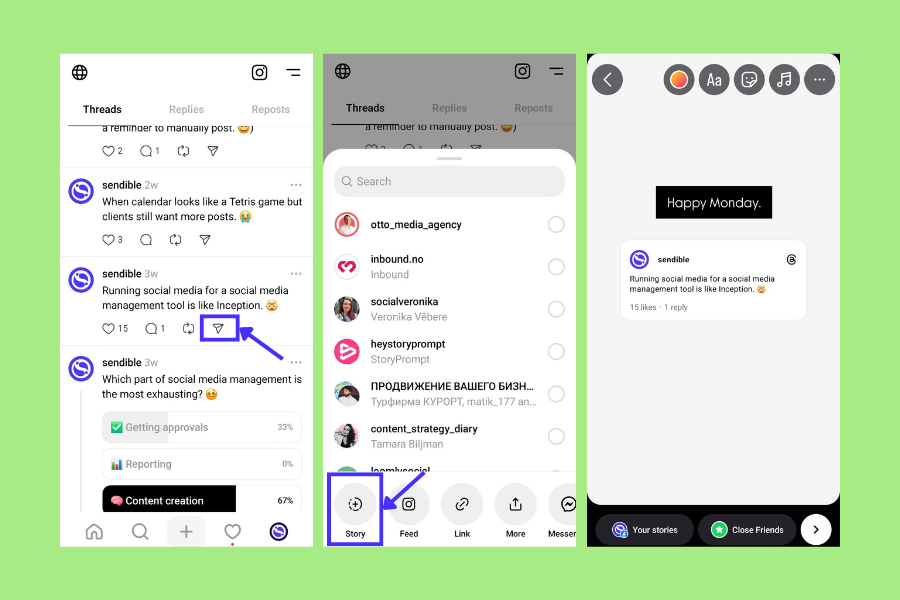three step guide to sharing Threads post on Instagram Story.