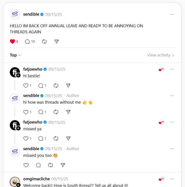 an example of sendible's threads post that shows unfiltered messages and notes by their social media manager Connie