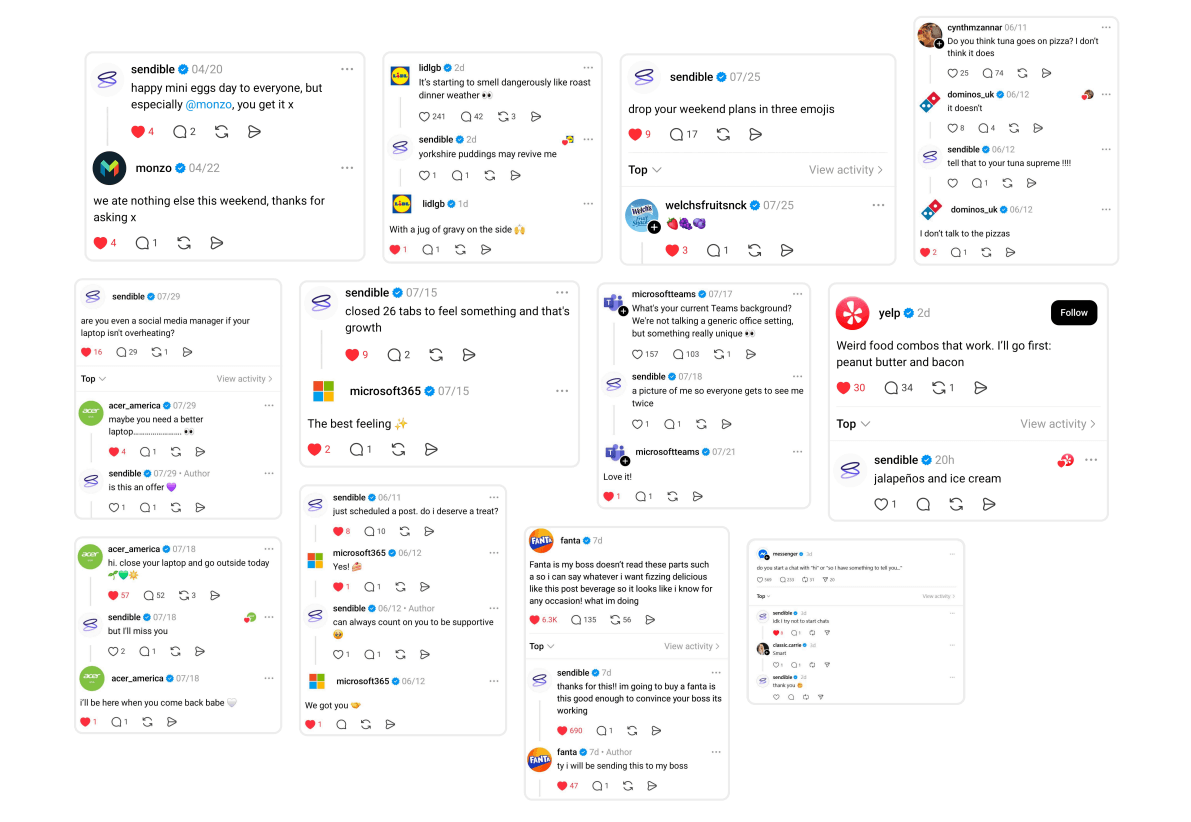 a collage of numerous posts by brands like monzo, lidl, microsoft teams, yelp, dominos, acer, microsoft 365, and more that comment on sendible's posts and vice versa.
