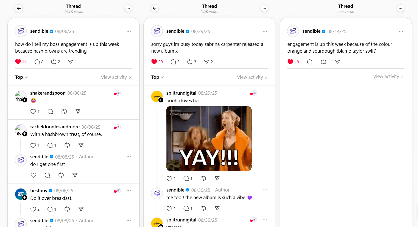 a side-by-side three trehads posts by sendible showing the power of reactive content (trending hash browns, sabrina carpetner's new album, and taylor swift's orange domination on Threads)