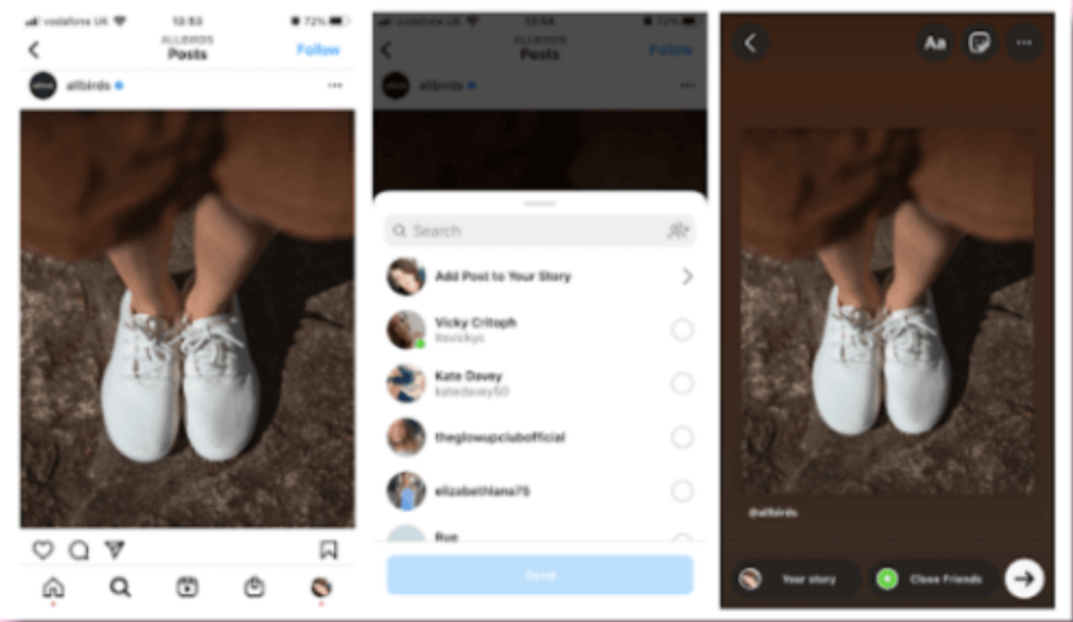 how to repost a story on Instagram allbirds example