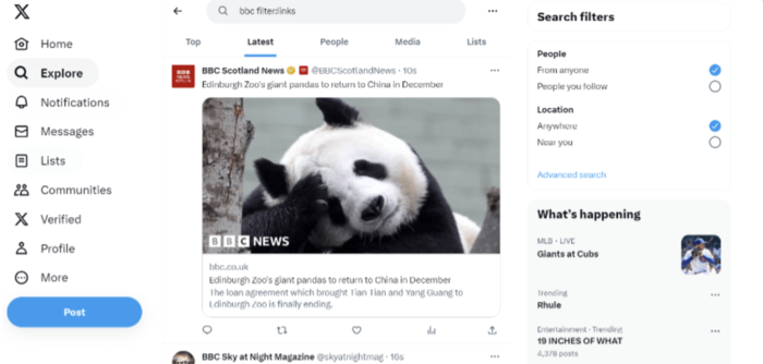 Twitter (X) advanced search  BBC filter screenshot