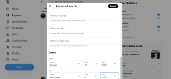 Twitter (X) advanced search screenshot of X