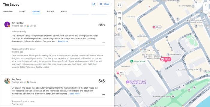 Despite being an established luxury hotel, The Savoy in London responds to all Google reviews, ensuring guests get personalised experiences. 