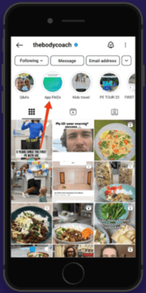 Instagram highlights screenshot of highlight example thebodycoach