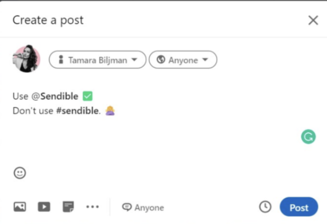 linkedin hashtags #sendible screenshot example from Tamara linkedin