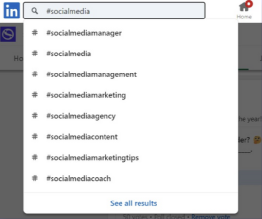 linkedin hashtags #socialmedia example screenshot
